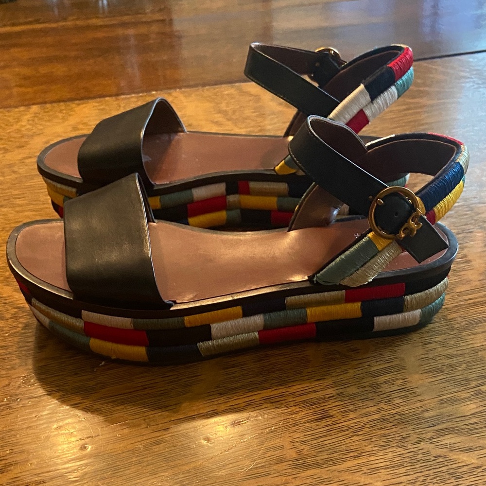 Tory Burch Black Leather Platform Sandal with Multicolor Woven Trim. size 8 - Picture 2 of 4